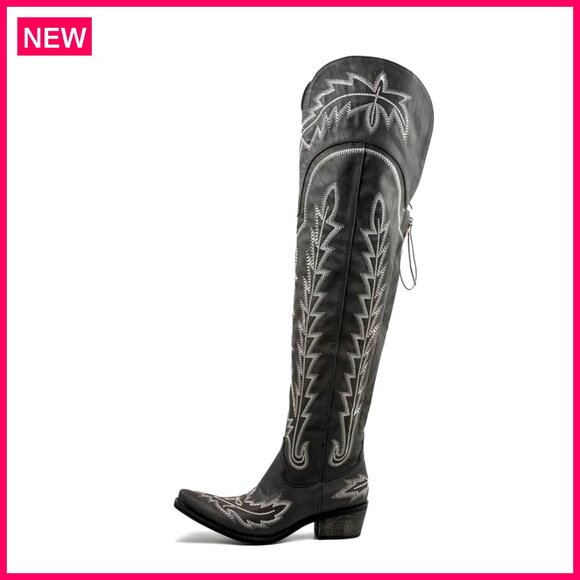 Shoes - Thigh High Cowboy Boots Wide Calf Embroidered Over the Knee Western